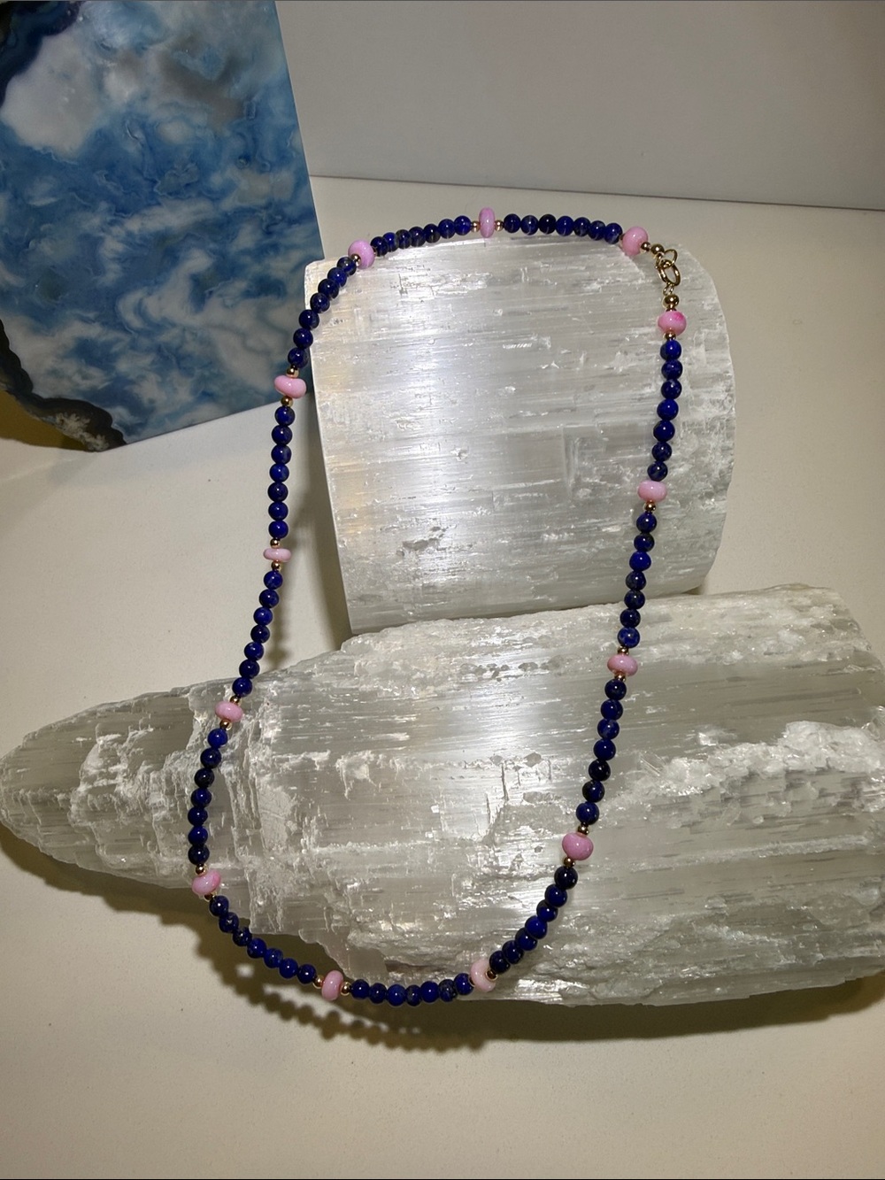 Elegant lapis Blue & Pink opal Beaded Necklace - Women  14k solid yellow gold